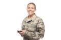 Portrait of female airman with mobile phone