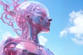 portrait of a female android biorobot in a pink plastic shell with vessels, close-up against the sky, the concept of Royalty Free Stock Photo