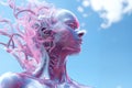 portrait of a female android biorobot in a pink plastic shell with vessels, close-up against the sky, the concept of
