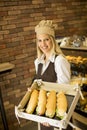 Female baker posing with various types of sandwiches in the baker shop Royalty Free Stock Photo