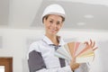 portrait female builder holding colour samples Royalty Free Stock Photo