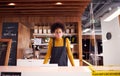 Portrait Of Female Business Owner Of Coffee Shop In Mask Behind Counter During Health Pandemic Royalty Free Stock Photo