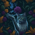 portrait of female cat smoking joint on a floral pattern Royalty Free Stock Photo