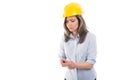 Portrait of female constructor holding her wrist