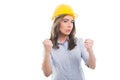 Portrait of female constructor showing fists like fighting Royalty Free Stock Photo