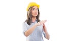 Portrait of female constructor showing time out gesture