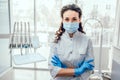 Portrait of female dentist. She standing at her office in mask