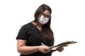 Portrait of a female doctor in black uniform wearing a mask, holding a note pad, isolated on white background Royalty Free Stock Photo