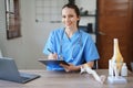 Portrait of a female doctor Center of Excellence from Orthopedic Center are using computers and documents to analyze