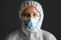 Portrait of female doctor or nurse in PPE suit during COVID-19 pandemic Royalty Free Stock Photo