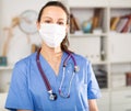 Portrait of a female doctor in a protective mask, standing in the office Royalty Free Stock Photo