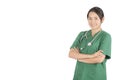 Portrait female doctor wearing a green scrubs and stethoscope Royalty Free Stock Photo