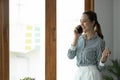 Portrait Female Entrepreneur. Cheerful asian Businesswoman Talking On Phone In Modern Office. Royalty Free Stock Photo