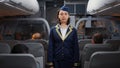 Portrait of female flight attendant sitting on airplane aisle