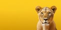 Portrait of a female lion isolated on bright yellow background. Banner, place holder, copy space. Royalty Free Stock Photo