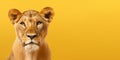 Portrait of a female lion, lioness isolated on bright yellow background. Banner, place holder, copy space. Royalty Free Stock Photo