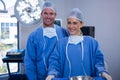 Portrait of female and male surgeon standing in operation theater Royalty Free Stock Photo