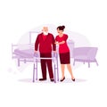 Portrait of a female nurse helping an elderly male patient in the nursing home using walker crutches.