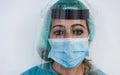 Portrait of female nurse after work inside hospital during coronavirus period - Woman medical worker wearing face protective mask Royalty Free Stock Photo