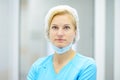 Portrait of the female surgeon is conducting the reception of patients. Doctor is preparing for surgery in operation room Royalty Free Stock Photo