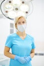 Portrait of female surgeon wearing in medical face mask and protective gloves. Doctor is preparing for surgery in operation room Royalty Free Stock Photo