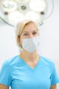 Portrait of female surgeon wearing in medical face mask and protective gloves. Doctor is preparing for surgery in operation room Royalty Free Stock Photo