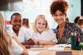 Portrait Of Female Teacher With Elementary School Pupils Wearing Uniform Using Digital Tablet Royalty Free Stock Photo