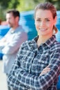 Portrait female worker in outdoor materials yard Royalty Free Stock Photo