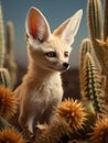 Portrait of a fennec desert fox (Vulpes zerda) with cactus flowers