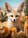 Portrait of a fennec desert fox (Vulpes zerda) with cactus flowers