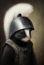 Portrait of a ferret dressed in a helmet with feathers.