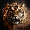 A tiger dissolving into swirling sand