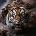 A tiger dissolving into swirling sand