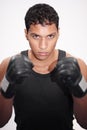 Portrait, fight and a man or boxer on a white background for a competition, fitness or training for a match. Exercise Royalty Free Stock Photo