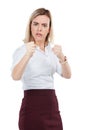 Portrait, fight and woman with anger, fist and person isolated on white studio background. Young female employee, lady