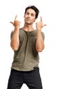 Portrait, finger gun and man with fashion, expression and guy isolated on a white studio background. Cool, person and