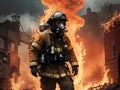 Portrait of a firefighter in front of explosive fire wearing firefighter equipment gears and helmet