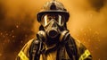 Portrait of a firefighter in a gas mask and helmet, against the backdrop of a fire. Generative AI.