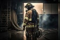 Portrait Firefighter man wearing protective fire suite and helmet with equipment. AI Generation Royalty Free Stock Photo