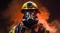 Portrait of a firefighter wearing a gas mask and a helmet. Generative AI.