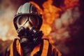 Portrait of a firefighter wearing a protective mask during a fire