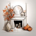 Autumn Fireplace Illustration: Detailed Sketching With Serene Atmosphere Royalty Free Stock Photo