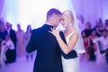 Portrait of first dance of stylish wedding couple. Handsome groom and elegant bride in the restaurant Royalty Free Stock Photo