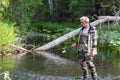 Portrait of fisherman in waders with spinning rod on river. Spinning fishing