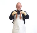 Portrait of a fishmonger showing and looking a prawns Royalty Free Stock Photo