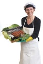 Fishmonger showing a plate with fish and seafood on white background Royalty Free Stock Photo