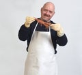 Portrait of a fishmonger showing a prawns Royalty Free Stock Photo