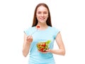 Portrait of a fit healthy woman eating a fresh salad isolated on white Royalty Free Stock Photo