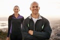 Portrait, fitness and couple in nature with arms crossed for training, exercise or morning cardio run. Sports, face and Royalty Free Stock Photo
