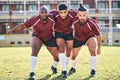 Portrait, fitness and a rugby team training together for a scrum in preparation of a game or competition. Sports Royalty Free Stock Photo